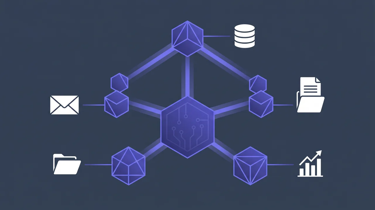 Architecture abstraite d'un système agentique IA — réseau de nœuds indigo et slate représentant des agents spécialisés coordonnés autour d'un orchestrateur central