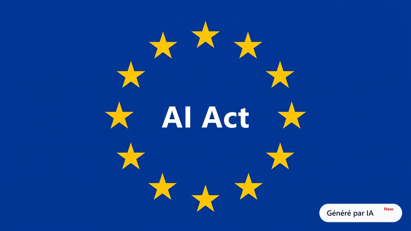 Emblème AI Act européen portant la mention Généré par IA, illustration de l'obligation de transparence du 2 août 2026