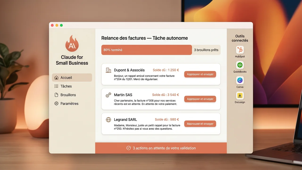 Réseau abstrait d'agents IA connectés à des outils métiers PME — palette indigo et slate sur fond sombre