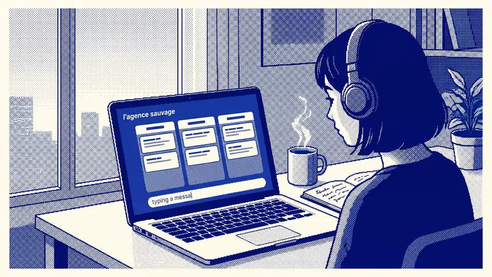 Illustration au trait monochrome indigo d'une figure stylisée tenant un globe lumineux — métaphore d'un agent IA autonome veillant en continu