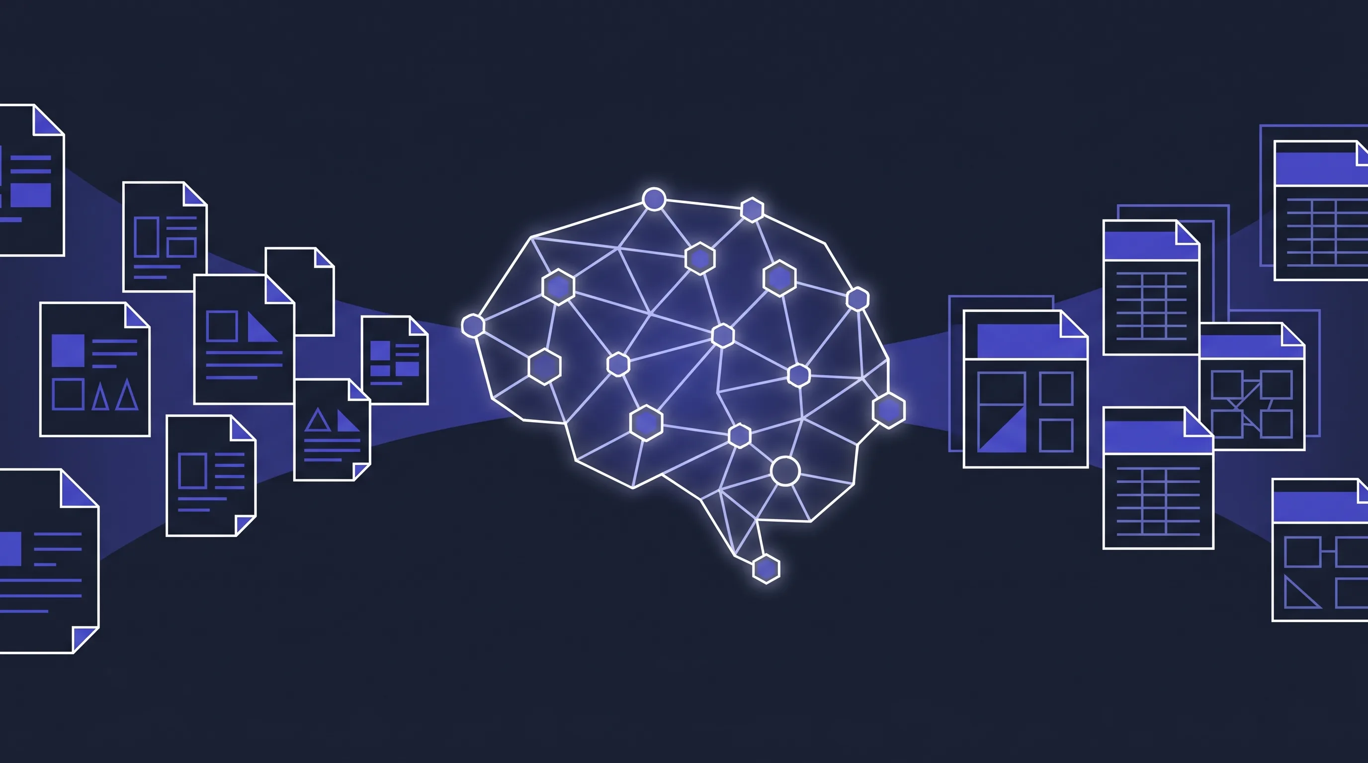 Réseau de documents bruts entrant dans un cerveau IA géométrique indigo, qui génère des pages wiki structurées