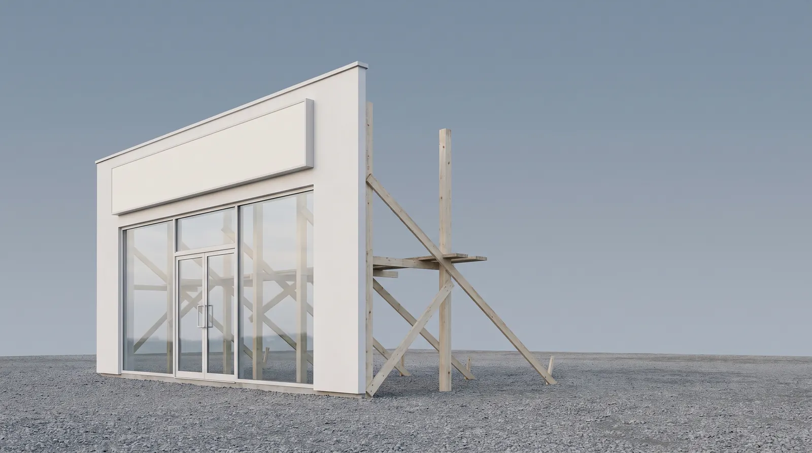 Façade de bureau impeccable maintenue debout par des étais en bois, sans bâtiment derrière, métaphore d'un projet IA parfait en démonstration mais inexistant en production